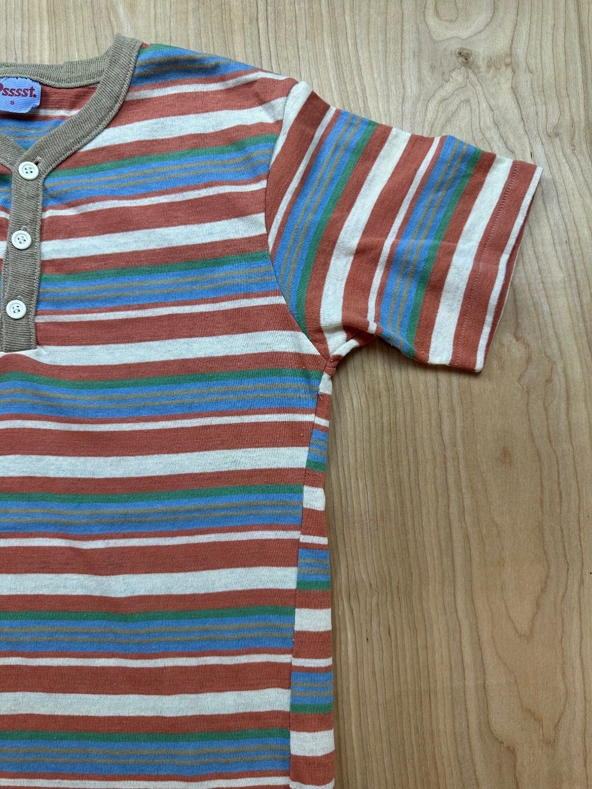 Vintage 70s Psssst Striped knit top Single Stitch Ribbed henley contrast binding