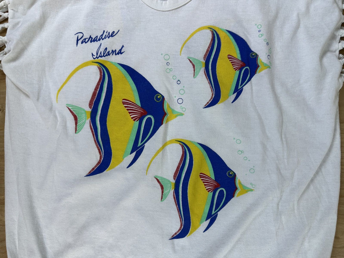 Vintage 80s Paradise Island Fringe tshirt coverup vacation beach tropical