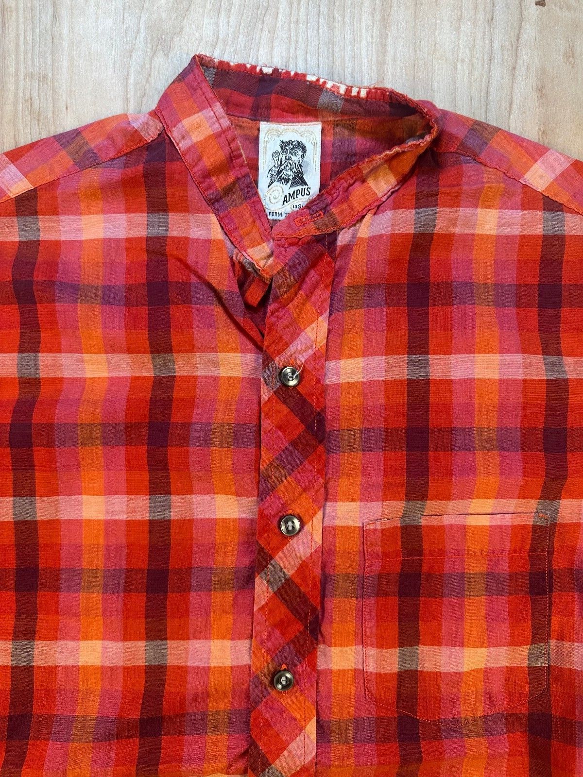 Vintage 60s Campus button up shirt mandarin collar small plaid lightweight small