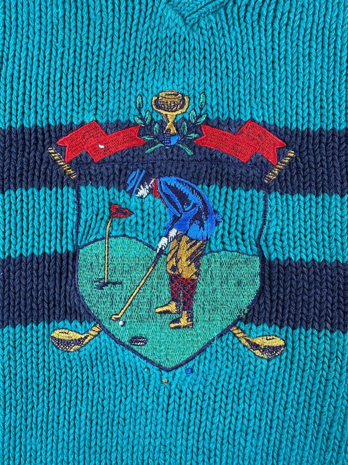 Vintage 80s Allen Solly Knit Sweater linen cotton golf embroidery vneck preppy