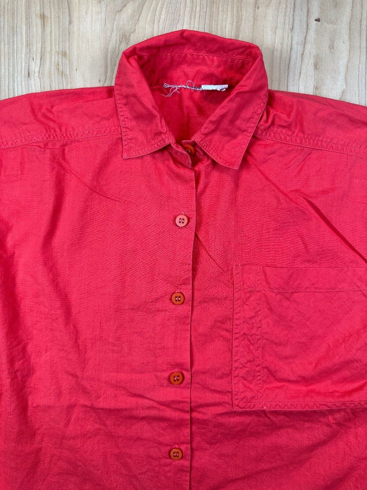 Vintage 80s Red Button up shirt pencil slot pocket curved hem 100% cotton bright