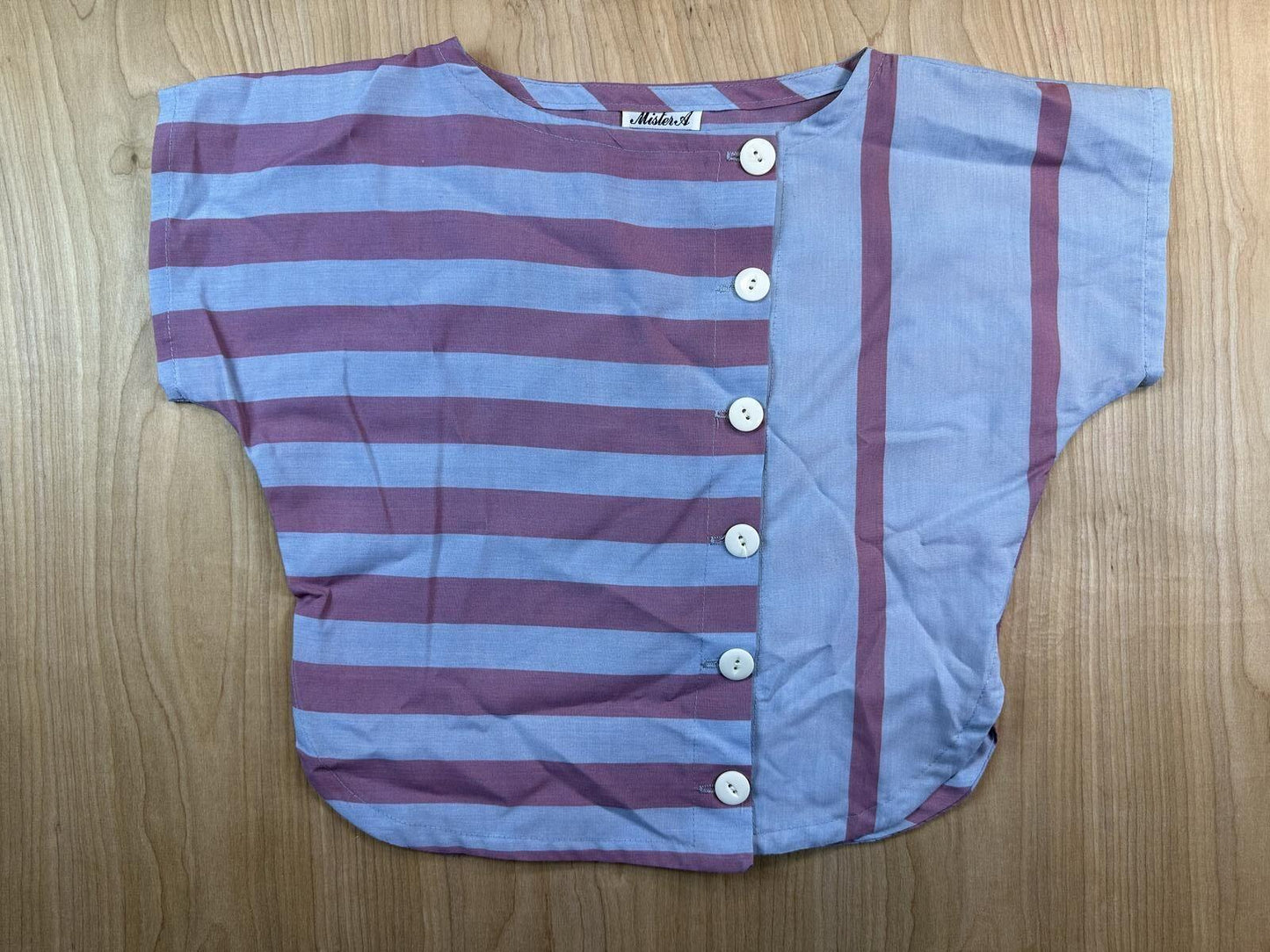 Vintage 70s Mister A striped button up blouse small cropped cap sleeve contrast