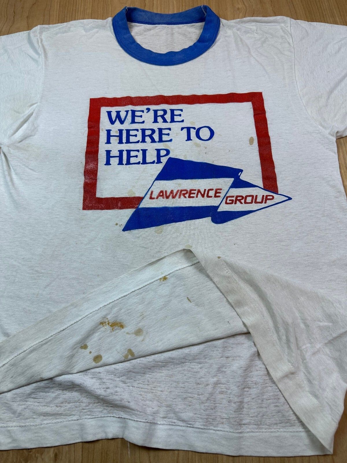 Vintage 80s We're Here to Help tshirt Lawrence Group single stitch ringer patina