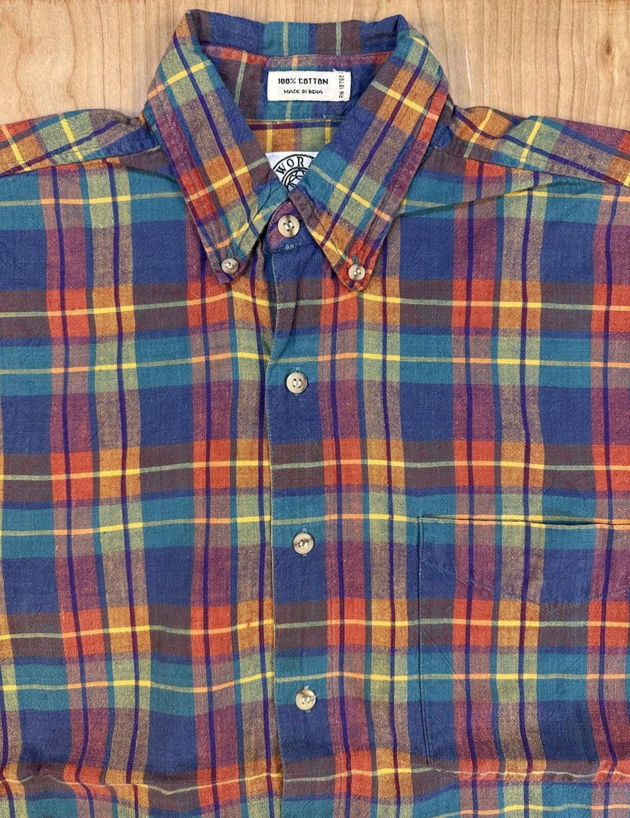 Vintage 80s World Island short sleeve button up madras shirt 100% cotton medium