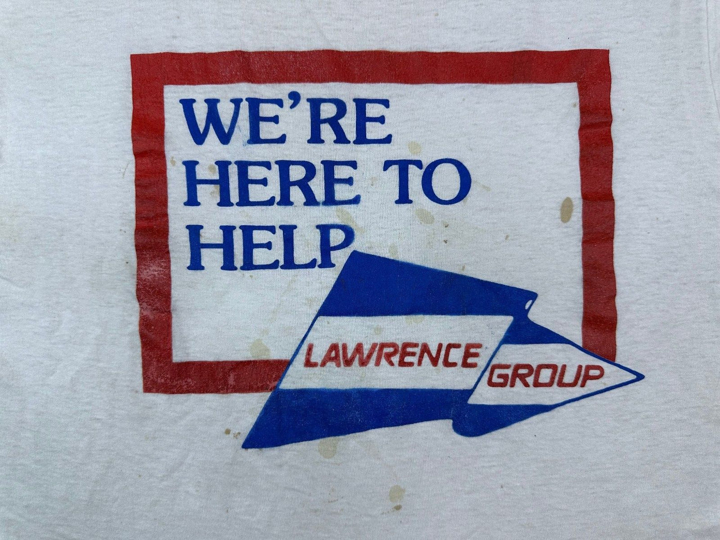 Vintage 80s We're Here to Help tshirt Lawrence Group single stitch ringer patina