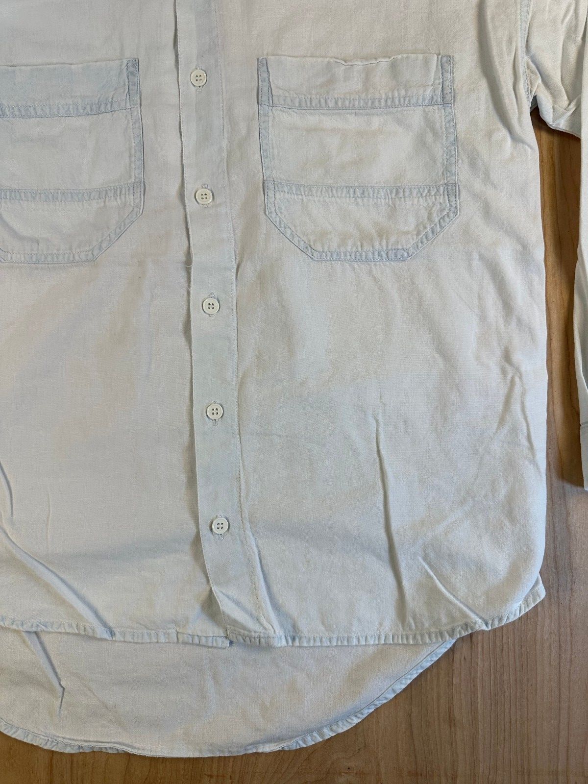 Vintage 90s Rescue Chambray button shirt small shredded summer workwear cotton