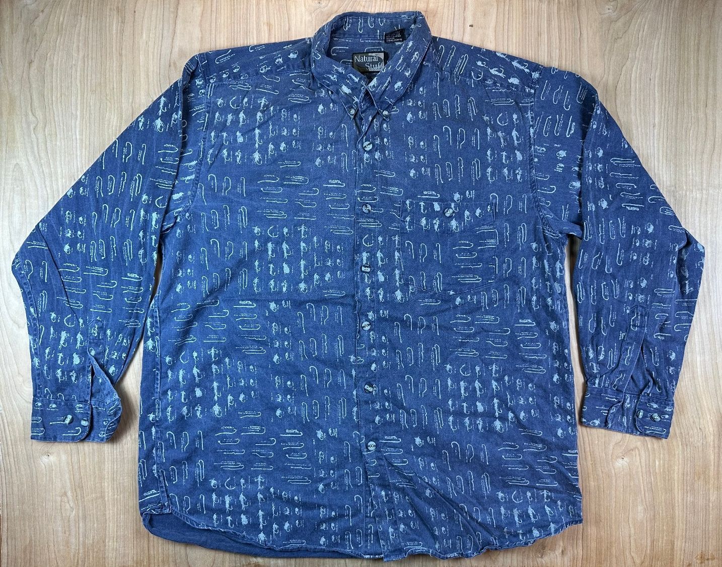 Vintage 90s Natural Stuff Fishing Lure button up large 100% cotton made in india