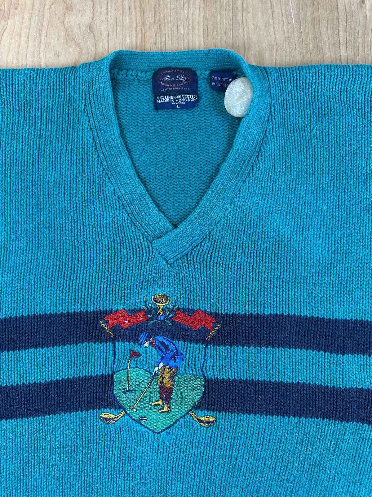 Vintage 80s Allen Solly Knit Sweater linen cotton golf embroidery vneck preppy