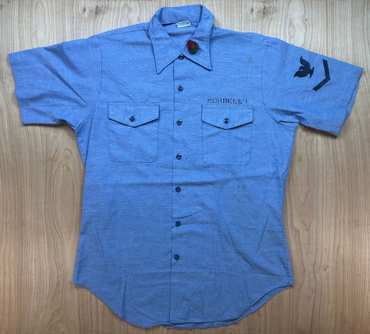 Vintage 70s Seafarer Chambray US. navy button up short sleeve stencil military