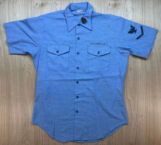 Vintage 70s Seafarer Chambray US. navy button up short sleeve stencil military