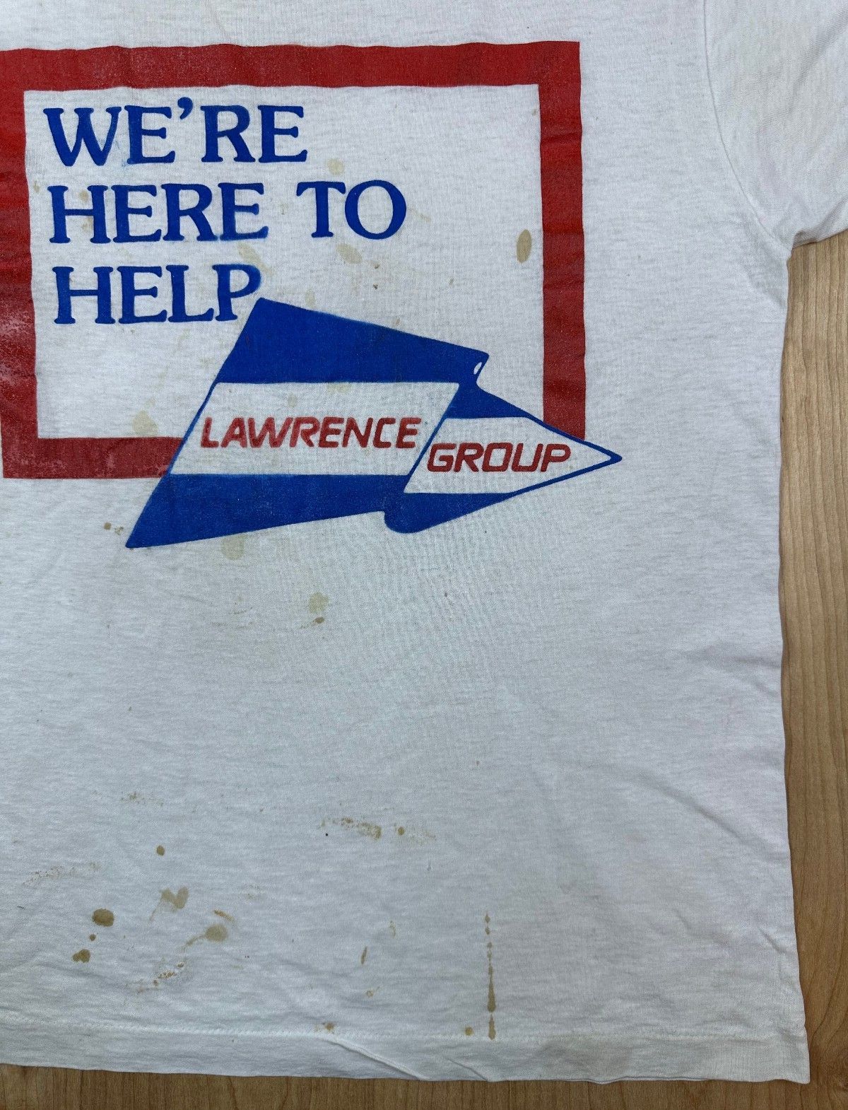 Vintage 80s We're Here to Help tshirt Lawrence Group single stitch ringer patina