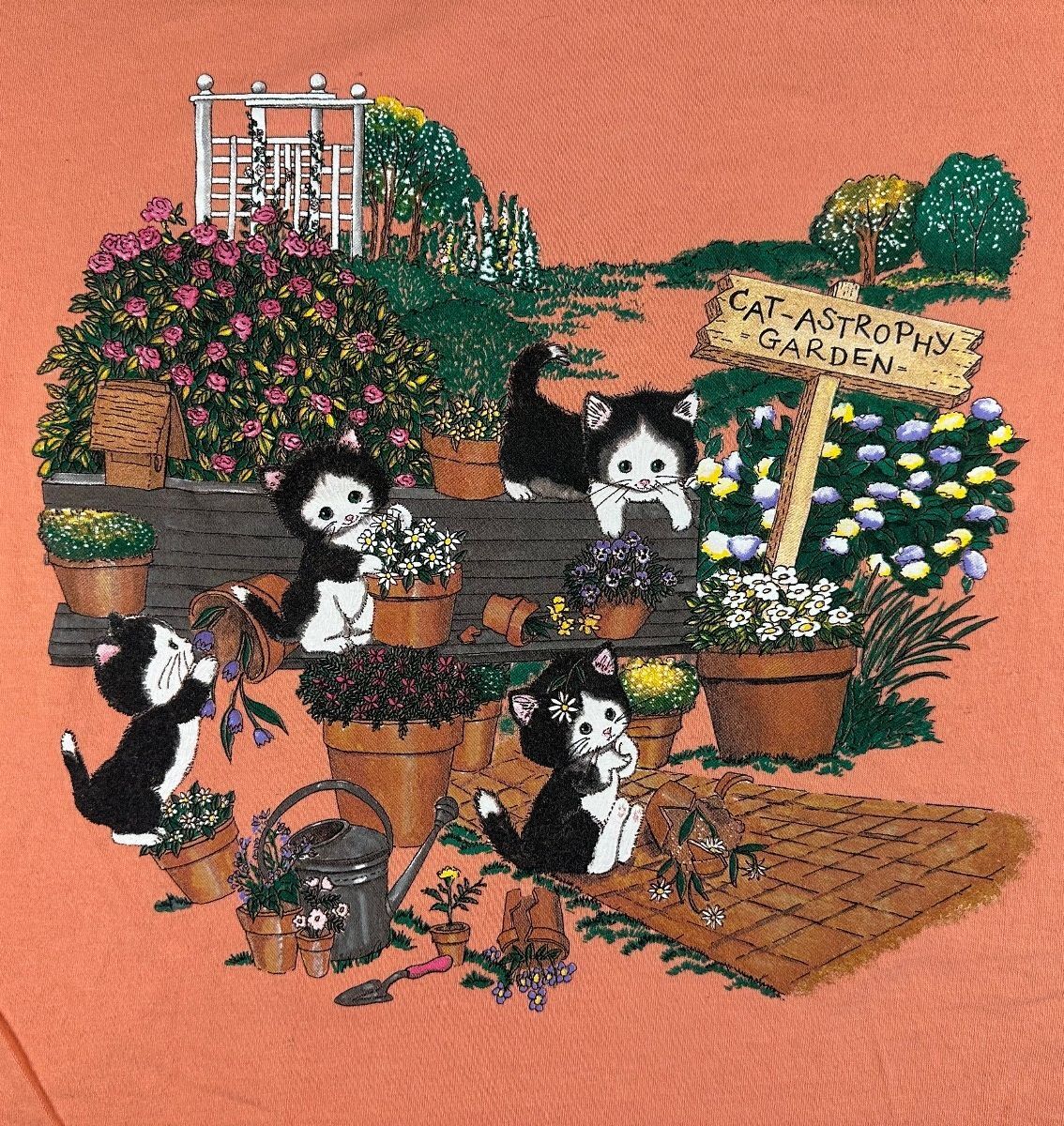 Vintage 90s Cat Garden tshirt xxl kittens cute cottage cotton funny
