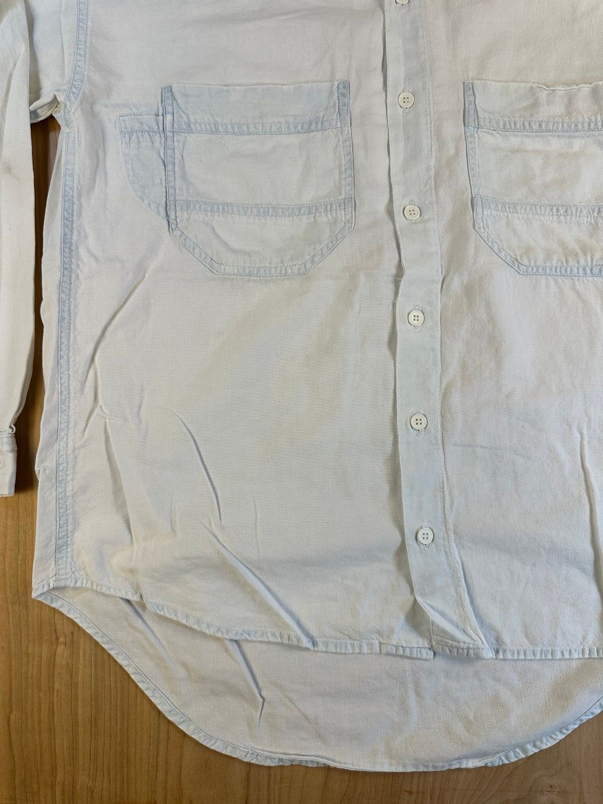 Vintage 90s Rescue Chambray button shirt small shredded summer workwear cotton